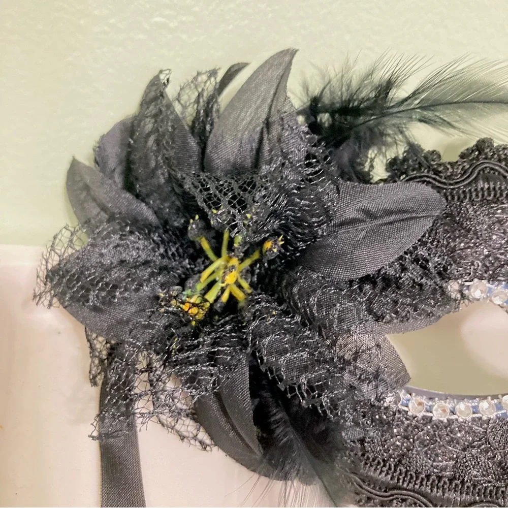 MASK Masquerade Venetian Mask Lace Black Flower Black Feathers Bling Halloween